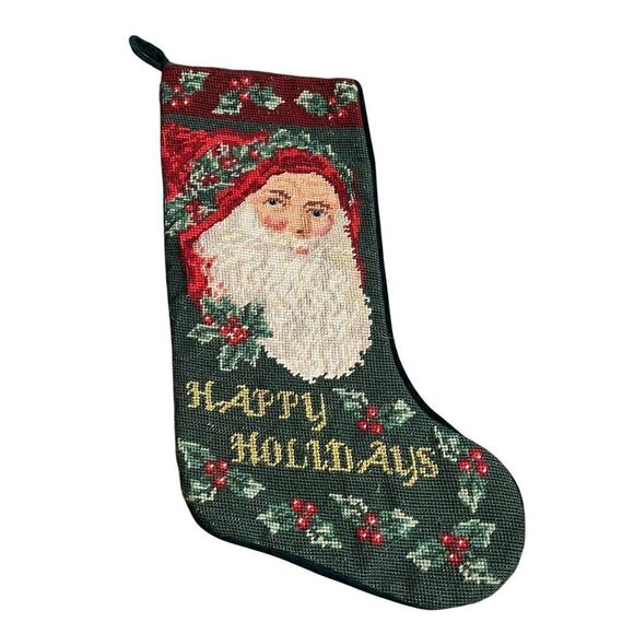 Vintage Wool Needlepoint By Hand Christmas Stocking Santa Clause Happy Holidays - Picture 1 of 6